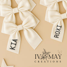 Load image into Gallery viewer, Personalised Family Name Christmas Tree Bows - Christmas at the - Velvet Christmas Tree Bow Topper - Christmas tree clip on bows - White