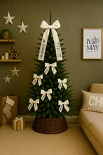 Load image into Gallery viewer, Personalised Family Name Christmas Tree Bows - Christmas at the - Velvet Christmas Tree Bow Topper - Christmas tree clip on bows - White