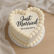 Load image into Gallery viewer, Personalised Edible Cake Topper: Custom Heart Shaped Wedding Cake Topper | Just Married Calligraphy, Custom Mr and Mrs Elegant Icing Sheet