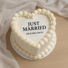 Load image into Gallery viewer, Personalised Edible Cake Topper: Custom Heart Shaped Wedding Cake Topper | Just Married Calligraphy, Custom Mr and Mrs Elegant Icing Sheet