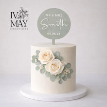 Load image into Gallery viewer, Personalised Mr and Mrs Cake Topper – Sage Acrylic Round Wedding Décor