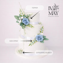 Load image into Gallery viewer, Dusty blue Wedding christening cake flower arrangement topper foam roses more colours available