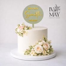 Load image into Gallery viewer, Personalised Mr and Mrs Cake Topper – Sage Acrylic Round Wedding Décor