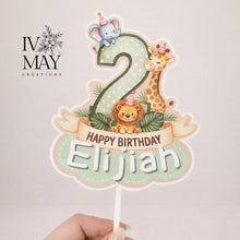 Load image into Gallery viewer, Safari Birthday Cake Topper – Personalised Any Age Jungle Cake Decoration – Lion Giraffe Elephant Birthday Party Decor – Name Cake Topper