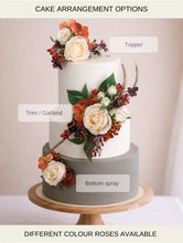 Load image into Gallery viewer, Cake decoration - Cake flowers - Burnt Orange - Cream - Burgundy - silk roses - Cake topper - With Dried Styled Foliage - Gypsophila
