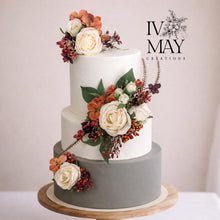 Load image into Gallery viewer, Cake decoration - Cake flowers - Burnt Orange - Cream - Burgundy - silk roses - Cake topper - With Dried Styled Foliage - Gypsophila