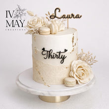 Load image into Gallery viewer, Personalised Acrylic Name Cake Charm - Thirty | Custom Acrylic Name Cake Topper | Dried Rose Cake Decorations | Elegant Birthday Cake Decor