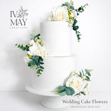Load image into Gallery viewer, Ivory Wedding Cake Flowers Set with Eucalyptus | Artificial Cake Decorations | Cake Flower Arrangement for Wedding Cakes UK