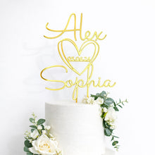 Load image into Gallery viewer, Personalised Wedding Cake Topper with Names and Date | Acrylic Cake Topper Heart Design | Custom Gold Silver Wood Cake Decoration UK
