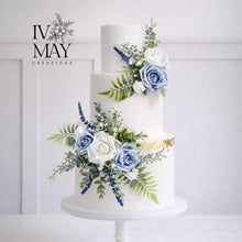 Load image into Gallery viewer, Dusty Blue Rose Cake flowers - Cake Topper: Gypsophila & Eucalyptus Wedding Floral Arrangement