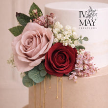 Load image into Gallery viewer, Dusty Pink & Burgundy Silk Roses - Wedding christening cake flower arrangement topper mini eucalyptus roses and Gypsophila