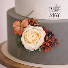 Load image into Gallery viewer, Cake decoration - Cake flowers - Burnt Orange - Cream - Burgundy - silk roses - Cake topper - With Dried Styled Foliage - Gypsophila