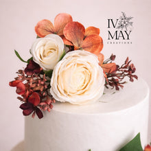 Load image into Gallery viewer, Cake decoration - Cake flowers - Burnt Orange - Cream - Burgundy - silk roses - Cake topper - With Dried Styled Foliage - Gypsophila