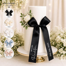 Load image into Gallery viewer, Personalised Wedding Cake Bow | Custom Name & Date Ribbon | Wedding Cake Decoration | Matching Cake Flowers | Photo Cake Toppers Available