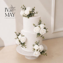 Load image into Gallery viewer, Sage Green & White Cake Flowers, Artificial Flower Cake Spray, Wedding Cake Decorations, Foam Rose Cake Flowers, Cake Topper, Reusable