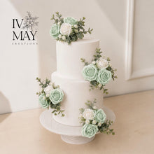 Load image into Gallery viewer, Sage Green Cake Flowers, Artificial Flower Cake Spray, Wedding Cake Decorations, Foam Rose Cake Flowers, Ready Made Cake Topper, Reusable