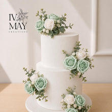 Load image into Gallery viewer, Sage Green Cake Flowers, Artificial Flower Cake Spray, Wedding Cake Decorations, Foam Rose Cake Flowers, Ready Made Cake Topper, Reusable