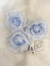 Load image into Gallery viewer, SET OF 3 10cm Christmas Tree Decoration - Snow Glitter or NO Glitter Pale Blue Clip on Roses