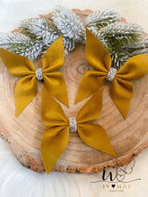 Load image into Gallery viewer, Mustard Yellow Velvet Christmas tree Bows - Christmas tree butterflies Bows - Mustard Yellow