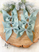 Load image into Gallery viewer, SET OF 6 - Christmas Tree Velvet Bows - Clip on - Christmas tree butterflies Bows - Pastel green - pale duck egg