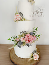 Load image into Gallery viewer, FULL SET Wedding Christening Cake Flower Arrangement Topper & Decorations Roses - Dusty Pink - Blush Pink - Cream - Blue Berry Mix