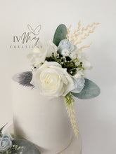 Load image into Gallery viewer, FULL SET Wedding Christening Cake Flower Arrangement Topper & Decorations Roses - Dusty Blue - Cream Thistles