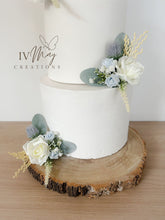 Load image into Gallery viewer, FULL SET Wedding Christening Cake Flower Arrangement Topper & Decorations Roses - Dusty Blue - Cream Thistles