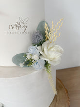 Load image into Gallery viewer, FULL SET Wedding Christening Cake Flower Arrangement Topper & Decorations Roses - Dusty Blue - Cream Thistles