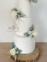 Load image into Gallery viewer, FULL SET Wedding Christening Cake Flower Arrangement Topper & Decorations Roses - Dusty Blue - Cream Thistles