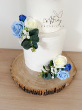 Load image into Gallery viewer, Royal Blue & Ivory Wedding christening cake flower arrangement topper mini eucalyptus roses more colours available