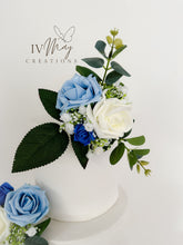 Load image into Gallery viewer, Royal Blue & Ivory Wedding christening cake flower arrangement topper mini eucalyptus roses more colours available