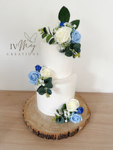 Load image into Gallery viewer, Royal Blue & Ivory Wedding christening cake flower arrangement topper mini eucalyptus roses more colours available