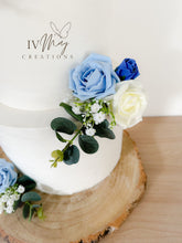 Load image into Gallery viewer, Royal Blue & Ivory Wedding christening cake flower arrangement topper mini eucalyptus roses more colours available
