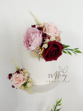 Load image into Gallery viewer, FULL SET Wedding Christening Cake Flower Arrangement Topper & Decorations Roses -Burgundy Red - Dusty Pink - Blush Pink - Cream - Berry Mix