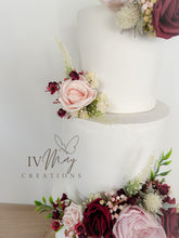 Load image into Gallery viewer, FULL SET Wedding Christening Cake Flower Arrangement Topper & Decorations Roses -Burgundy Red - Dusty Pink - Blush Pink - Cream - Berry Mix