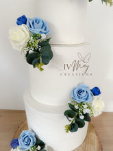 Load image into Gallery viewer, Royal Blue & Ivory Wedding christening cake flower arrangement topper mini eucalyptus roses more colours available