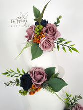 Load image into Gallery viewer, Wedding Cake Flowers - Cake Topper - Dusty Pink and Navy - Burnt Orange Foliage Berries - Christening / Birthday cake decoration