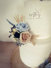 Load image into Gallery viewer, Cake Flowers - Wedding Cake Flowers - Cake Topper - White - Dusty Blue - Navy Berries - Beige - Christening / Birthday cake decoration