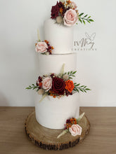 Load image into Gallery viewer, FULL SET Wedding Christening Cake Flower Arrangement Topper & Decorations Roses - Blush Pink - Burgundy - Burnt Orange - Berry Mix