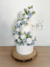 Load image into Gallery viewer, Wedding Christening cake flower arrangement topper Garland Trim Decoration Foam Roses Dusty Blue and white