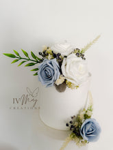 Load image into Gallery viewer, FULL SET Wedding Christening Cake Flower Arrangement Topper & Decorations Roses - Dusty Blue - White - Navy Blue Berry Mix