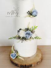 Load image into Gallery viewer, FULL SET Wedding Christening Cake Flower Arrangement Topper & Decorations Roses - Dusty Blue - White - Navy Blue Berry Mix