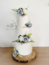 Load image into Gallery viewer, FULL SET Wedding Christening Cake Flower Arrangement Topper & Decorations Roses - Dusty Blue - White - Navy Blue Berry Mix