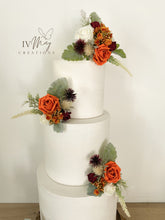Load image into Gallery viewer, FULL SET Wedding Christening Cake Flower Arrangement Topper & Decorations Roses - burnt orange and burgundy red - Thistles