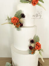 Load image into Gallery viewer, FULL SET Wedding Christening Cake Flower Arrangement Topper & Decorations Roses - burnt orange and burgundy red - Thistles