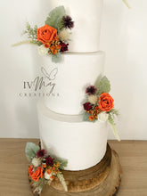 Load image into Gallery viewer, FULL SET Wedding Christening Cake Flower Arrangement Topper & Decorations Roses - burnt orange and burgundy red - Thistles