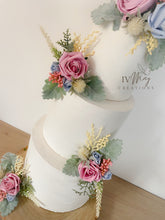 Load image into Gallery viewer, FULL SET Wedding Christening Cake Flower Arrangement Topper & Decorations Roses - Dusty Blue dusty pink - Thistles