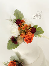 Load image into Gallery viewer, FULL SET Wedding Christening Cake Flower Arrangement Topper & Decorations Roses - burnt orange and burgundy red - Thistles
