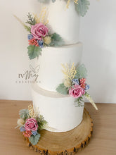 Load image into Gallery viewer, FULL SET Wedding Christening Cake Flower Arrangement Topper & Decorations Roses - Dusty Blue dusty pink - Thistles