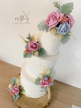 Load image into Gallery viewer, FULL SET Wedding Christening Cake Flower Arrangement Topper & Decorations Roses - Dusty Blue dusty pink - Thistles